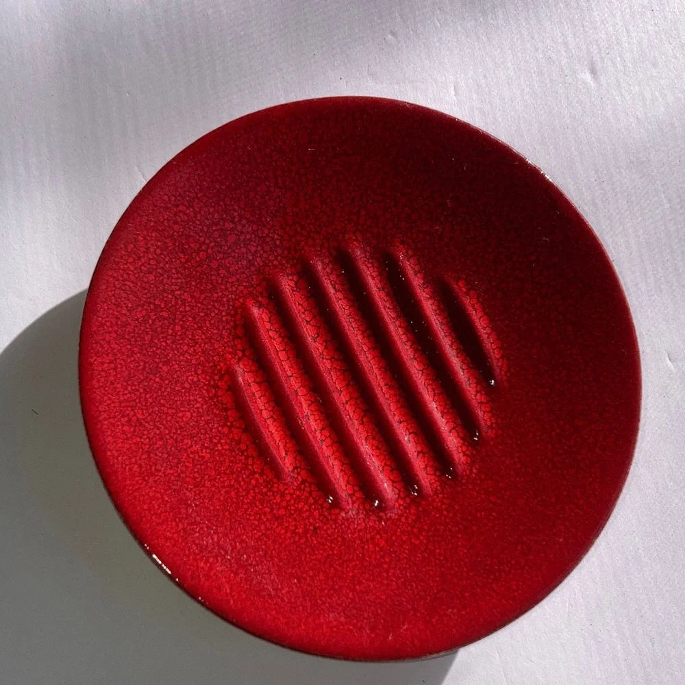 CRATE and BARREL Round Soap Dish Deep Red with Ridges Made In Portugal 5 inches